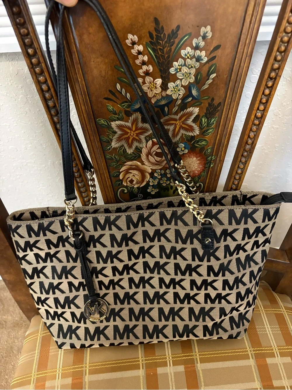 Michael Kors Black Logo-Print Canvas Tote with Gold Accents